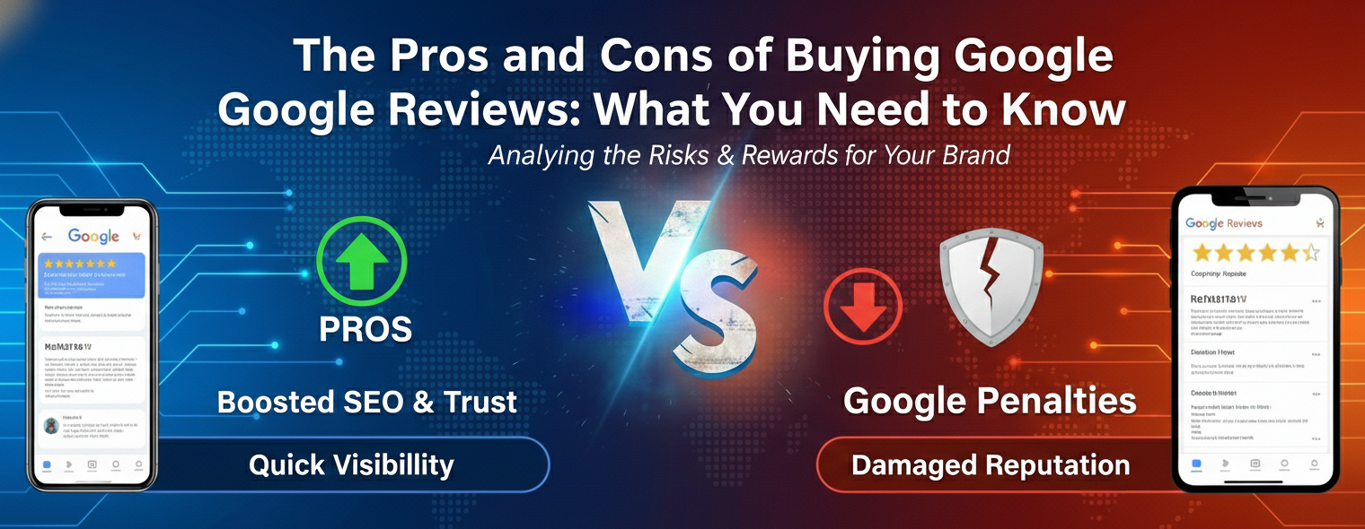 Pros and cons of buying Google reviews infographic for business growth and risk analysis