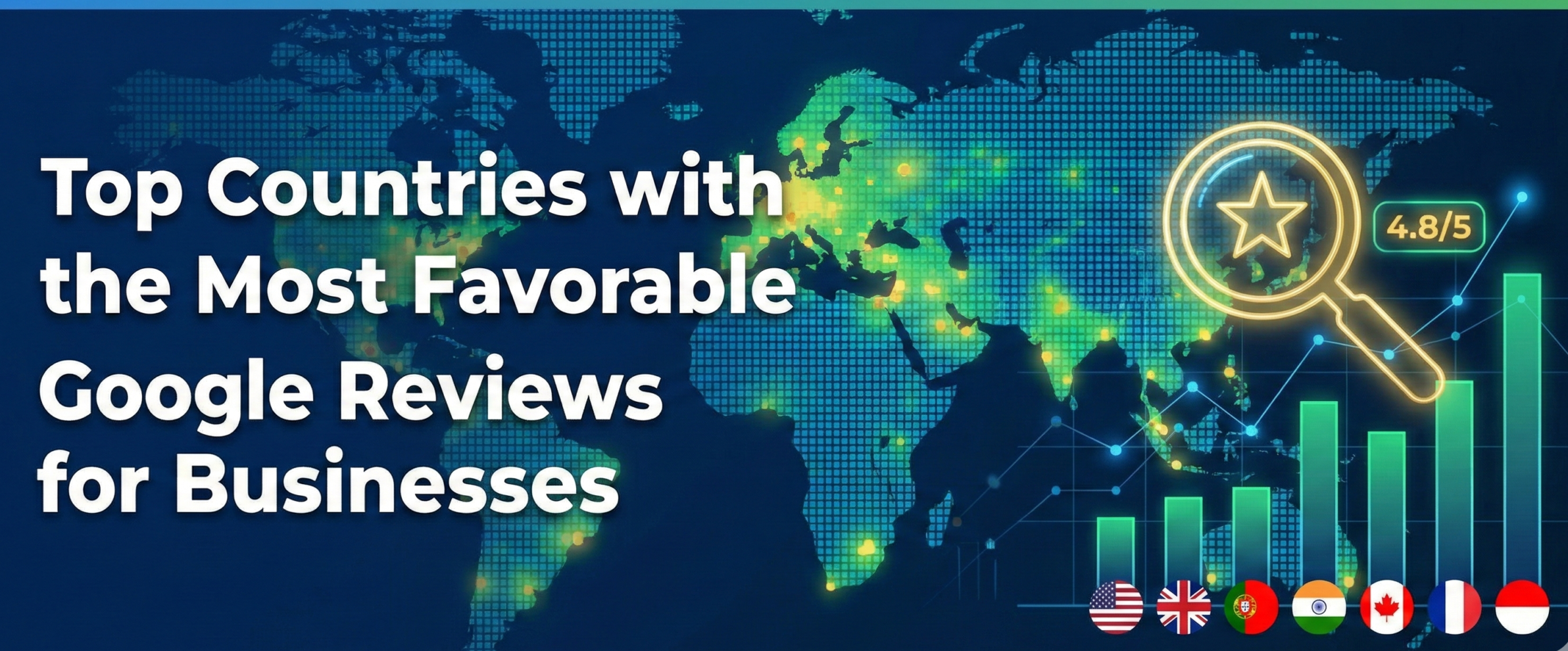 Top Countries with the Most Favorable Google Reviews for Businesses infographic with world map and growth chart