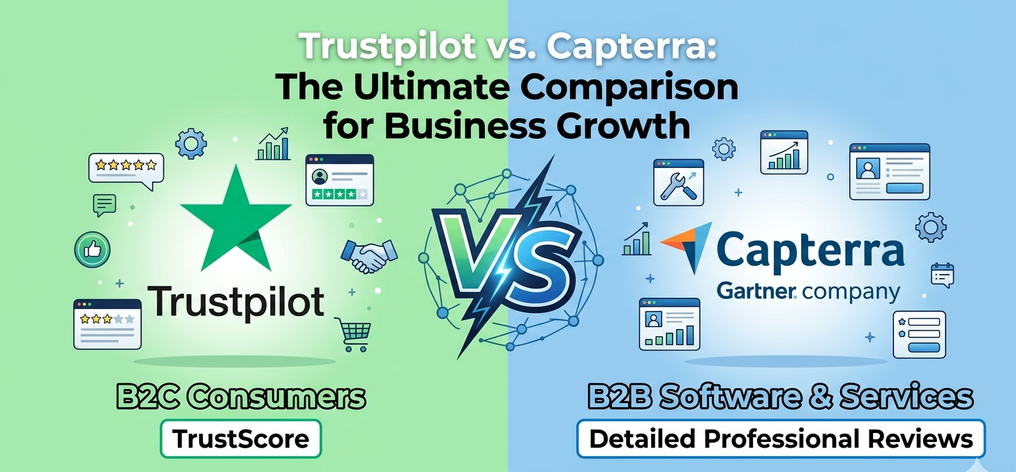 Trustpilot vs Capterra comparison infographic for business review management and online reputation growth