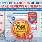 Infographic showing the risks of using a fake reviews generator and the importance of organic growth for Reviewsar