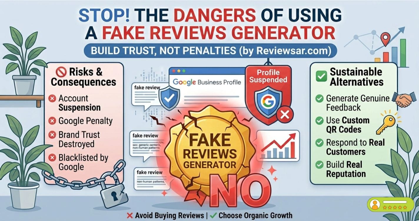 The Dangers of Using a Fake Reviews Generator: A Guide for Local Businesses Infographic showing the risks of using a fake reviews generator and the importance of organic growth for Reviewsar