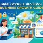 An illustrated guide showing a local shop getting five-star Google reviews safely for business growth.