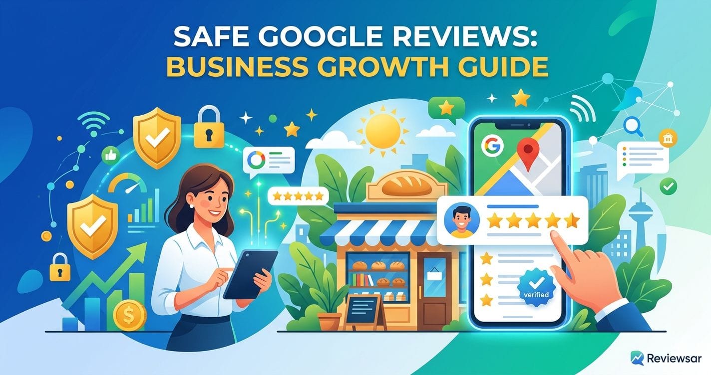 An illustrated guide showing a local shop getting five-star Google reviews safely for business growth.